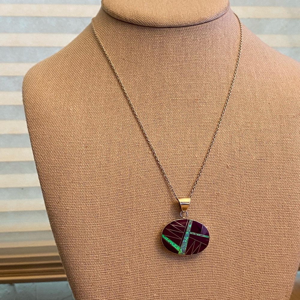 Amazing Native American sugilite and opaline inlay sterling silver pendant - Picture 2 of 9